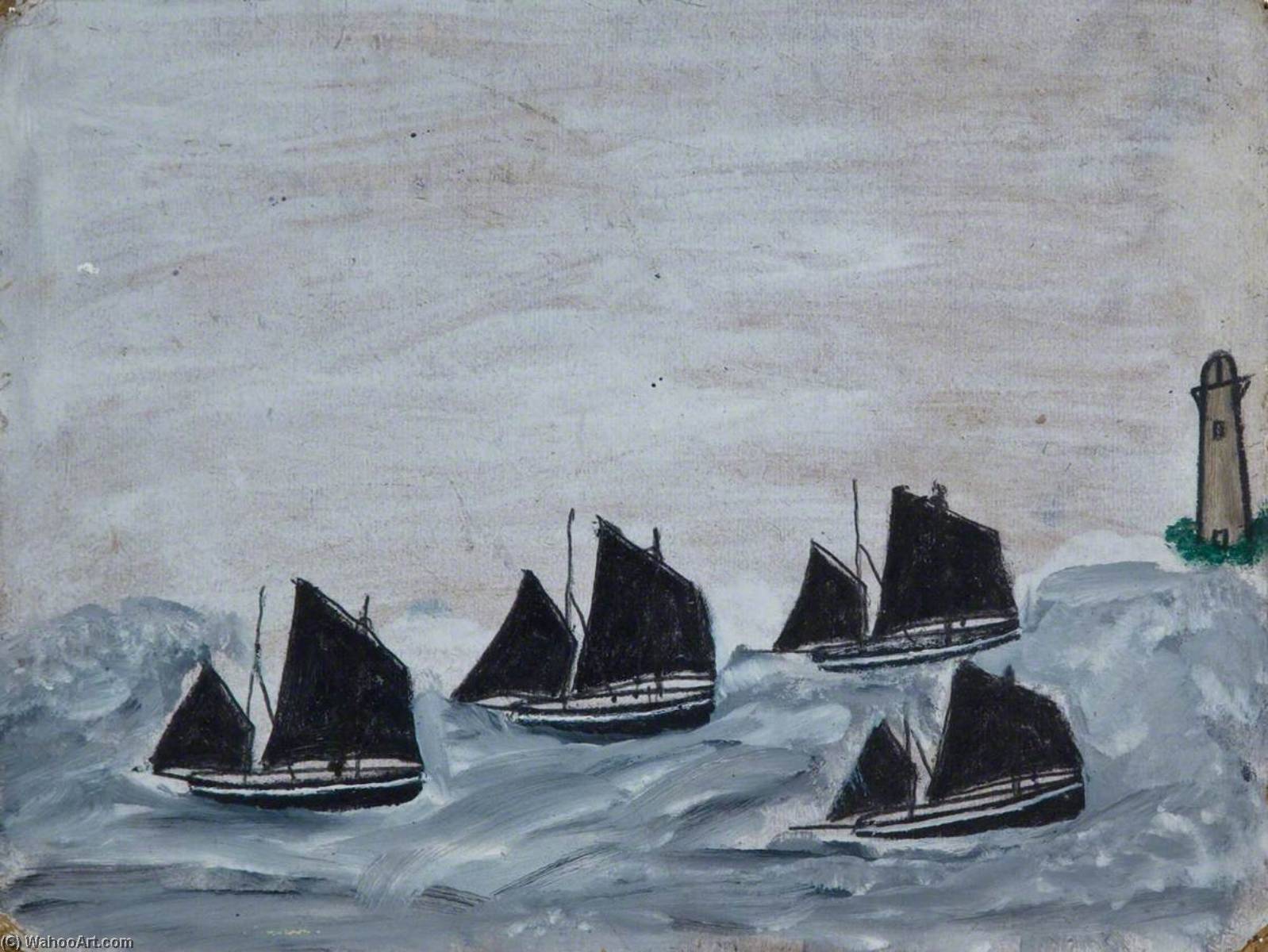 Фаусто Зонаро картины. Рисунок лодки около майака. Четверо в лодке